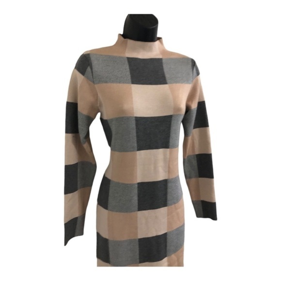 Charcoal grey tan beige checkered mock‎ neck sweater knit dress size large new - Picture 3 of 13
